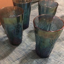Vintage blue Indian carnival glass set of four tumblers