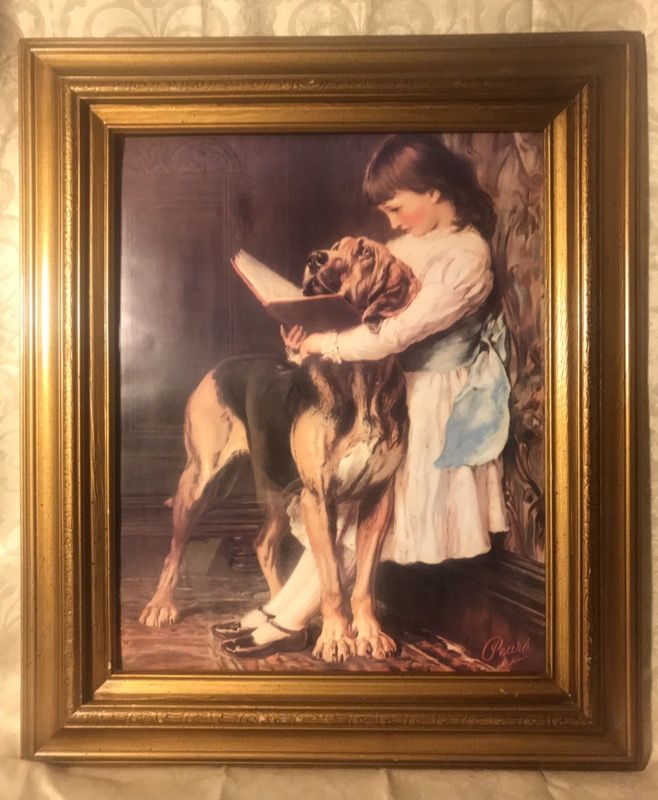 RARE VINTAGE VICTORIAN YOUNG GIRL & BLOODHOUND 'COMPULSORY EDUCATION' PEARS SOAP AD LITHOGRAPH BASED ON PAINTING BY ARTIST BRITON RIVIÈRE