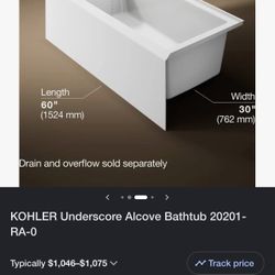 Kohler Underscore Alcove Bathtub 30” X 60” 