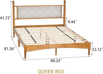 Queen Bed Frame with Fabric Upholstered Headboard, Solid Rubber Wood Foundation , Rustic Oak