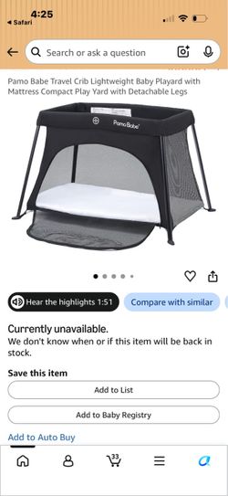 Pamo Babe Travel Crib Lightweight Baby Playard with Mattress Compact Play Yard with Detachable Legs