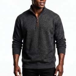 Cremieux Dark Academia Heather Grey Quarter Zip Sweater Suede Elbow Patches XXL