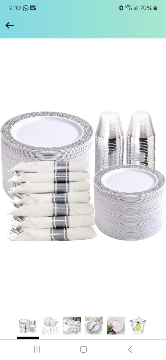 WELLIFE 350 Pieces Silver Disposable Plastic Dinnerware, Silver Lace Plates for Wedding & Party, Includes:50 Dinner Plates, 50 Dessert Plates, 50 Cups