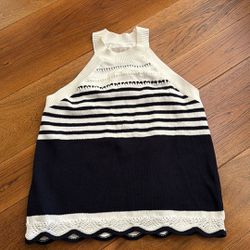 Loft White & Navy Halter Knit Crochet Scallop Stripped Sweater Top