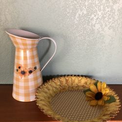 Water Pitcher Sunflower Tray Table Patio 2 Pc