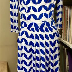  REBORN Blue & White Geometric Fit & Flare Drape Neck Women's L Dress w/Pockets 