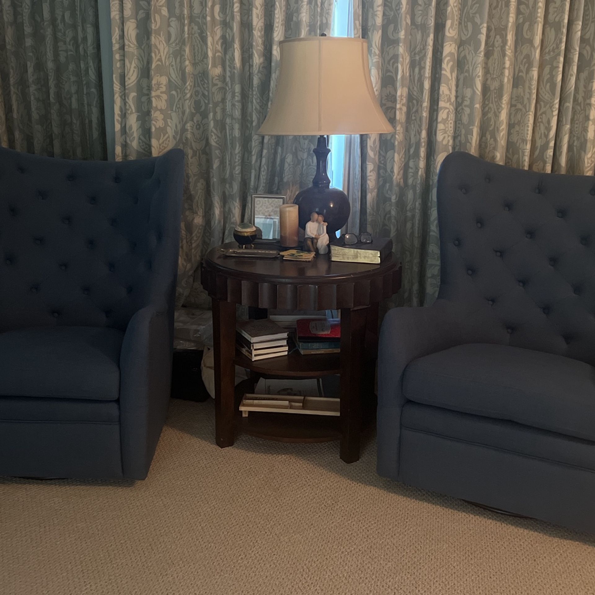 Set Of 2 Blue Swivel Wingback Chairs
