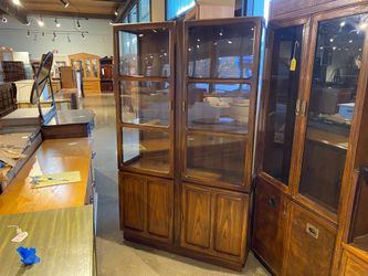 Vintage Oak Wood and Brass Hutch Cabinet