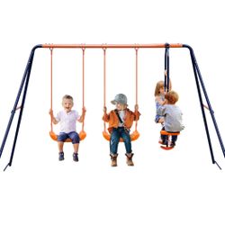 Double Swings Set Sturdy Metal Swing w/1 Seesaw Set for Children Outdoor Play