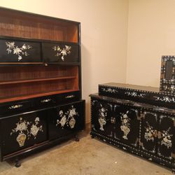PROJECT - SET of 2 VINTAGE Korean Black Lacquered Furniture Cabinets with Mother of Pearl Inlay
