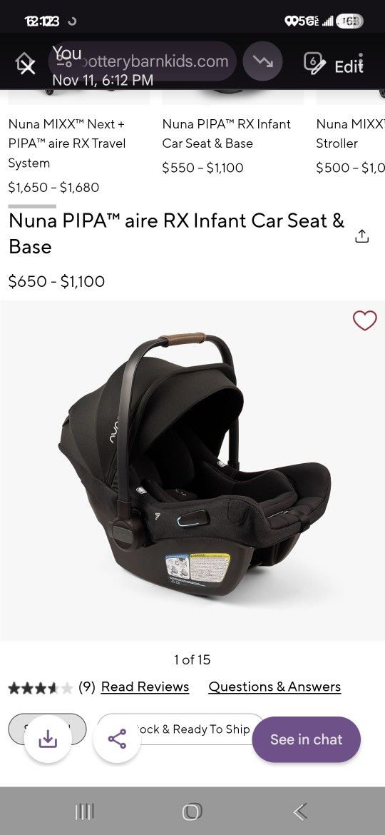 Nuna Pippa Infant Car Seat With Relx Base, Great Condition!