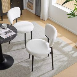 Upholstered Dining Chair Set of 2, Modern Accent Side Chairs with Rounded Back and Metal Legs White