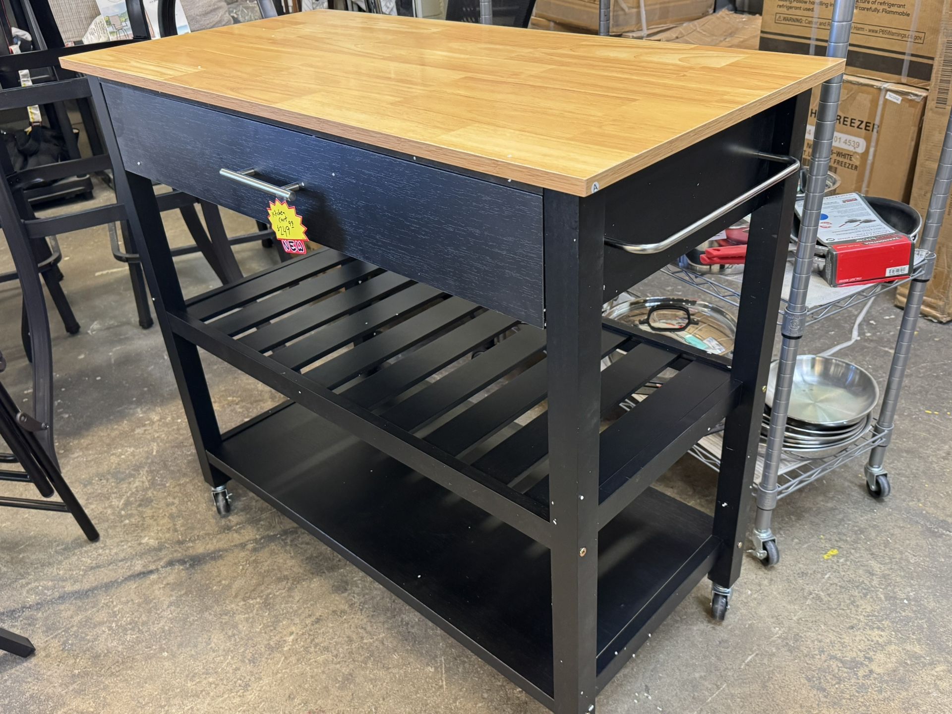 Black And Natural Wood Storage Cart , Kitchen Island With Draw , Coffee Bar. New Fully Assembled