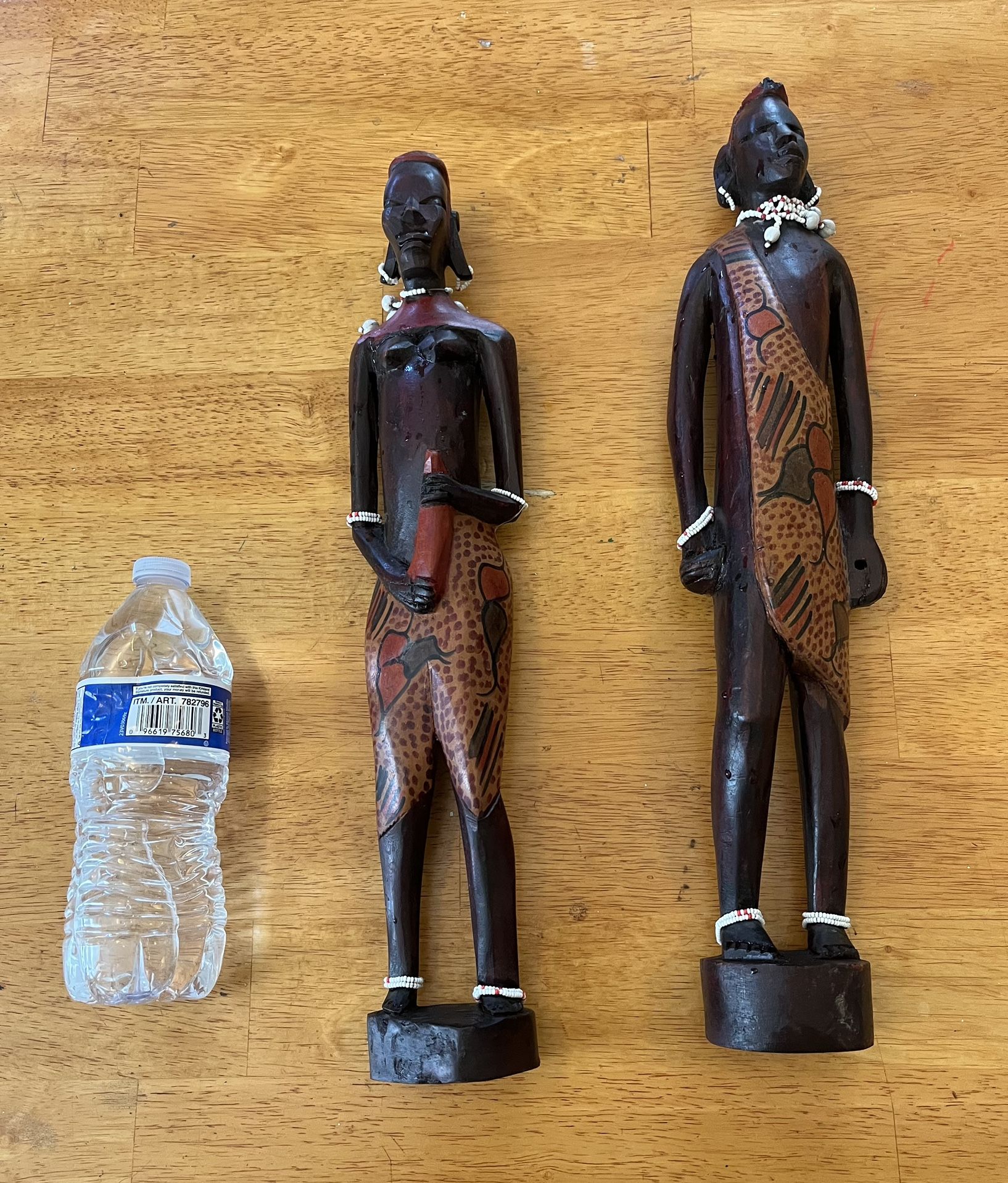 African Wooden Statues - Vintage Large Exotic Wooden Hand Carved Beaded Couple Figurines at 27” & 29” Tall. In Very Good Condition !!