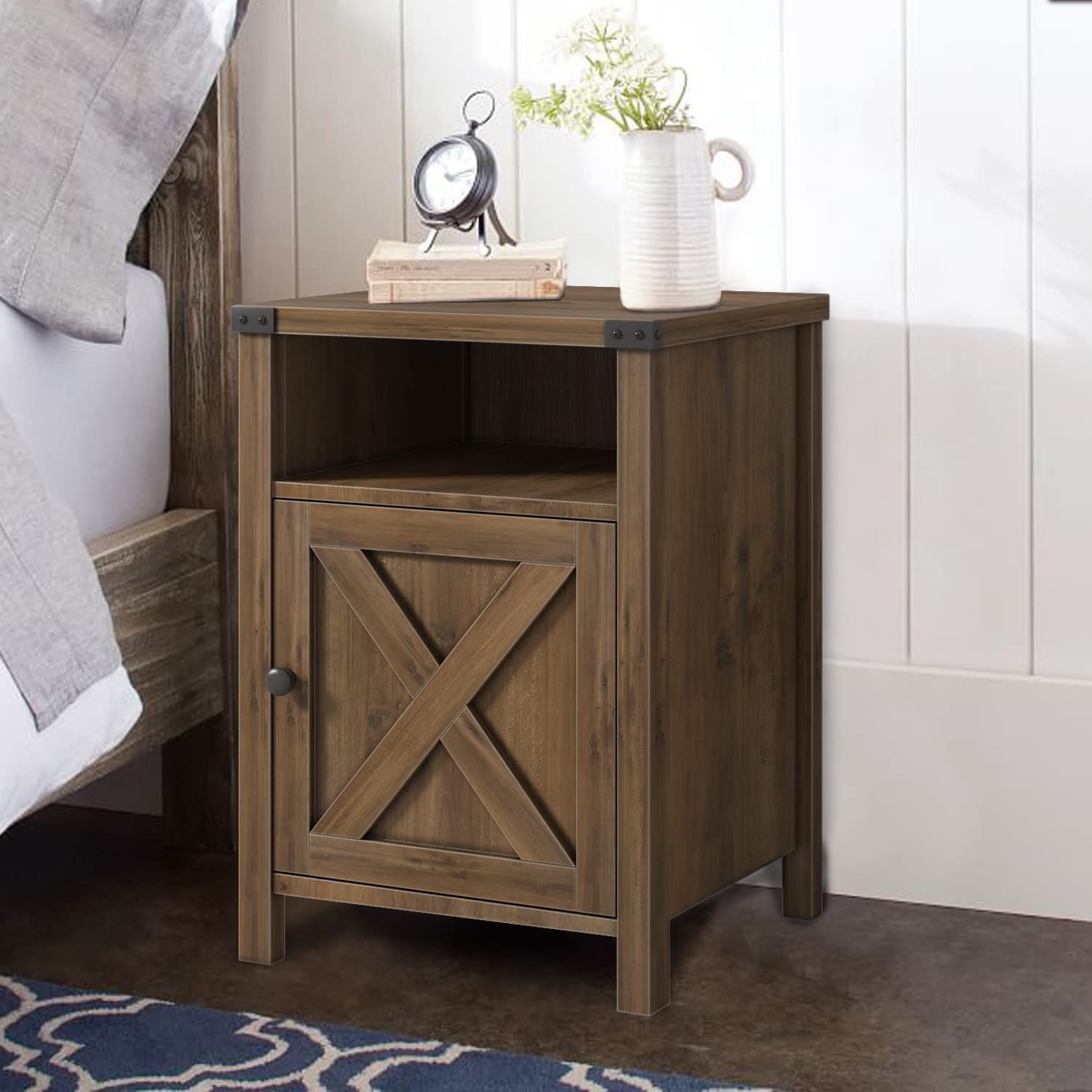 E104 $40  Farmhouse Nightstand, Side Table End Table with Barn Door and Shelf