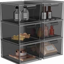 6 Pack Stackable Makeup Organizer and Storage, Acrylic Organizers，Clear Plastic Storage Drawer with Pull-Out Handles for Vanity, Undersink