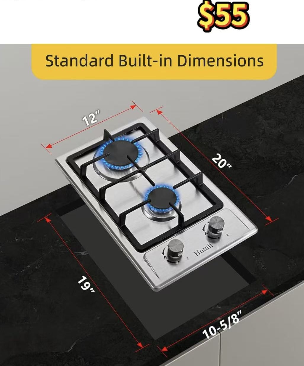 😀 Hothit 2 Burner Propane Gas Cooktop, 12" Inch LPG/NG Dual Fuel Built-in Gas Stove Top, Stainless Steel Electronic Ignition Gas Hob for Apartment