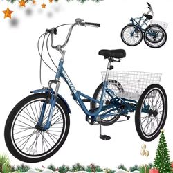 NAIZEA Adult Folding Tricycles, 7 Speed Folding Adult Trikes, 20 24 26 Inch 3 Wheel Bikes with Large Size Basket