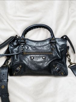 BALENCIAGA Black Lambskin Leather Classic Mini City Bag w/ Box, Dustbag & Cards