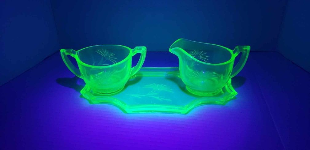 Vintage Depression Era Uranium Green Glass Sugar and Creamer Set - 3 piece