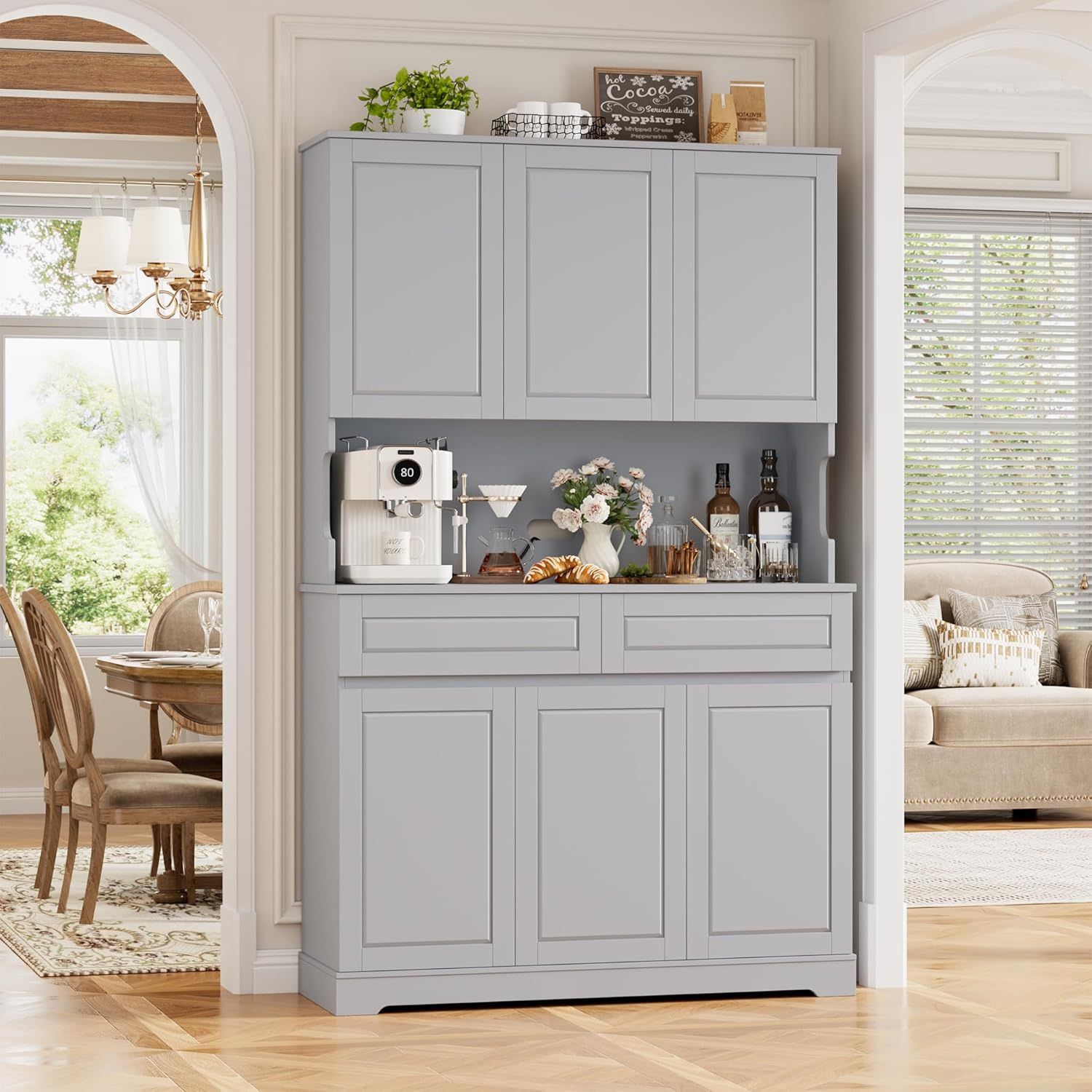 74" Pantry Cabinet, Tall Kitchen Pantry Cabinet with 6 Doors and 2 Drawers, Kitchen Hutch with Wide Countertop, Modern Kitchens Cupboard with Adjustab