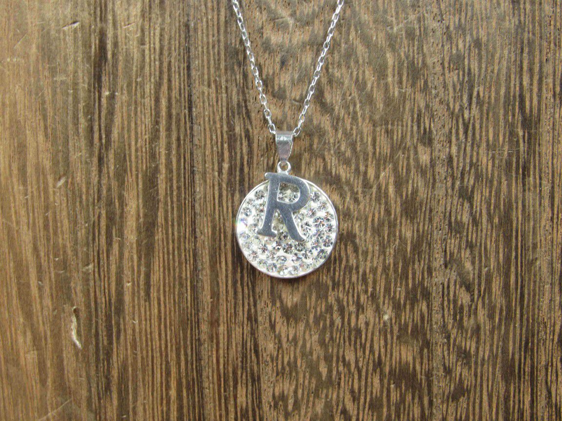 18 Inch Sterling Silver Clear Crystal And Letter R Pendant Necklace