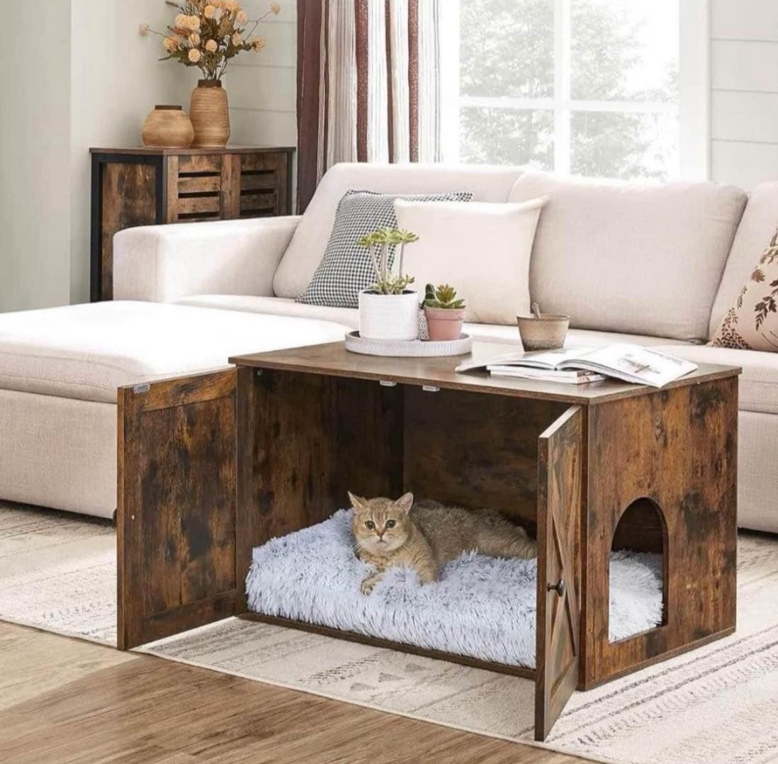 Cat Litter Box Enclosure, Litter Box Furniture Hidden with Removable Divider, Indoor Cat House, End Table, 31.5 x 20.9 x 19.7 Inches, Rust