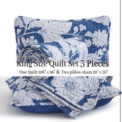 NEW Bonlino King Size Reversible Blue Floral Quilt Set – 3 Piece – Retail $55 – $20  Brand new Bonlino King Size Floral Quilt Set in a beautiful blue 