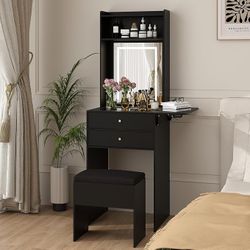 ARTETHYS Small Vanity Desk Set with 3 Adjustable Lighted Mirror and Storage Chair Mini Black Makeup