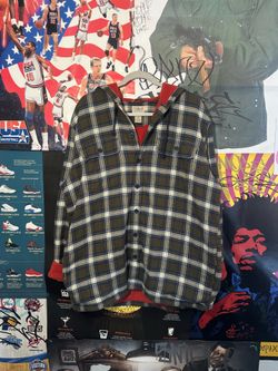 LL Bean Fleece lined Flannel Hoodie Sz Large