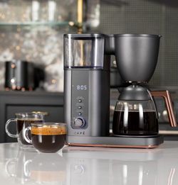 GE Cafe Drip Coffee Maker with Glass Carafe in Matte Black with Rose Gold Accents