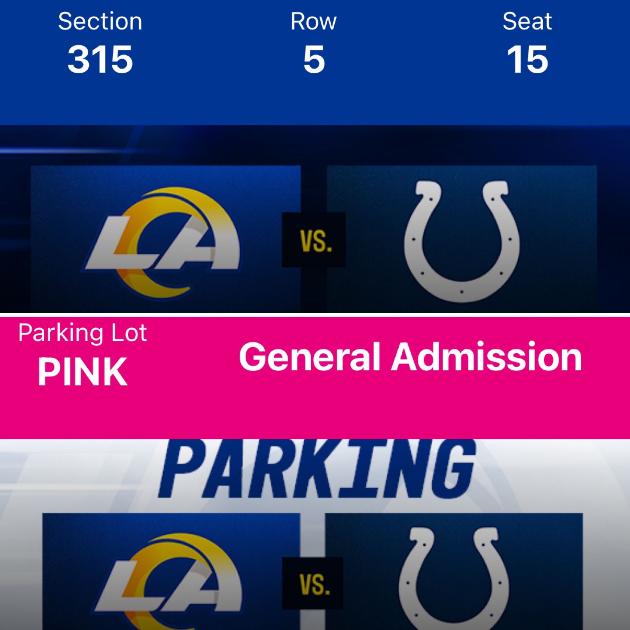 Rams/Colts Game with Tailgate Pink Parking