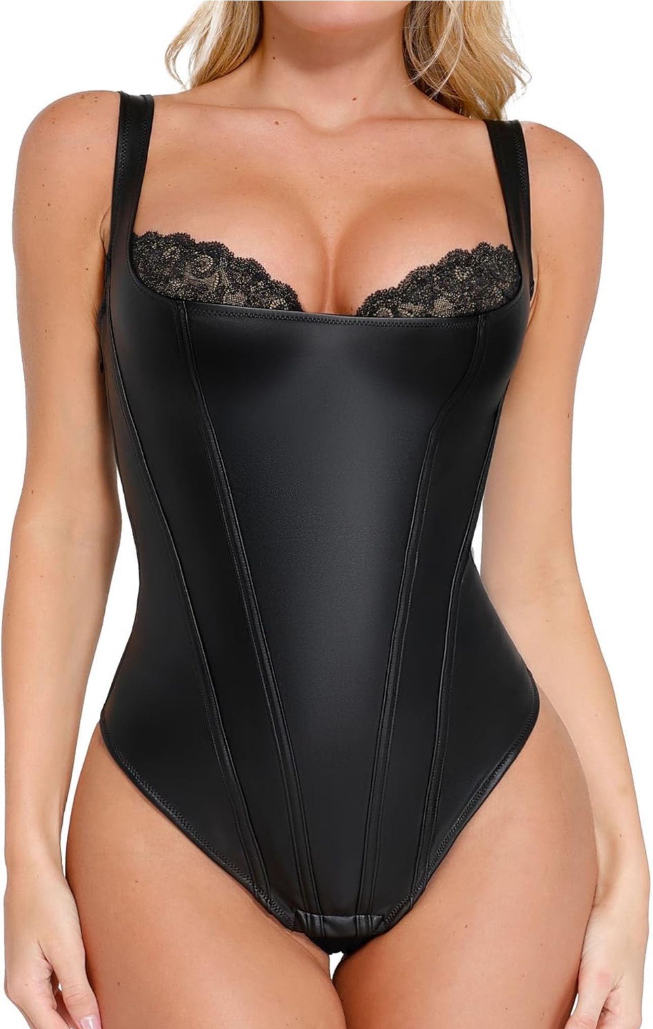 POPILUSH Faux Leather Shapewear Bodysuit Lace Body Suits for Womens Tummy Control Corset Tops Thong Body Shaper