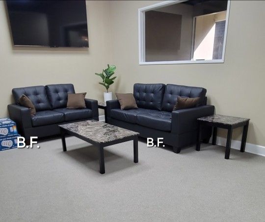 👨‍👩‍👧‍👦 Sofa Set 2 Pcs Sofa And Loveseat Black Faux Leather New In The Box.