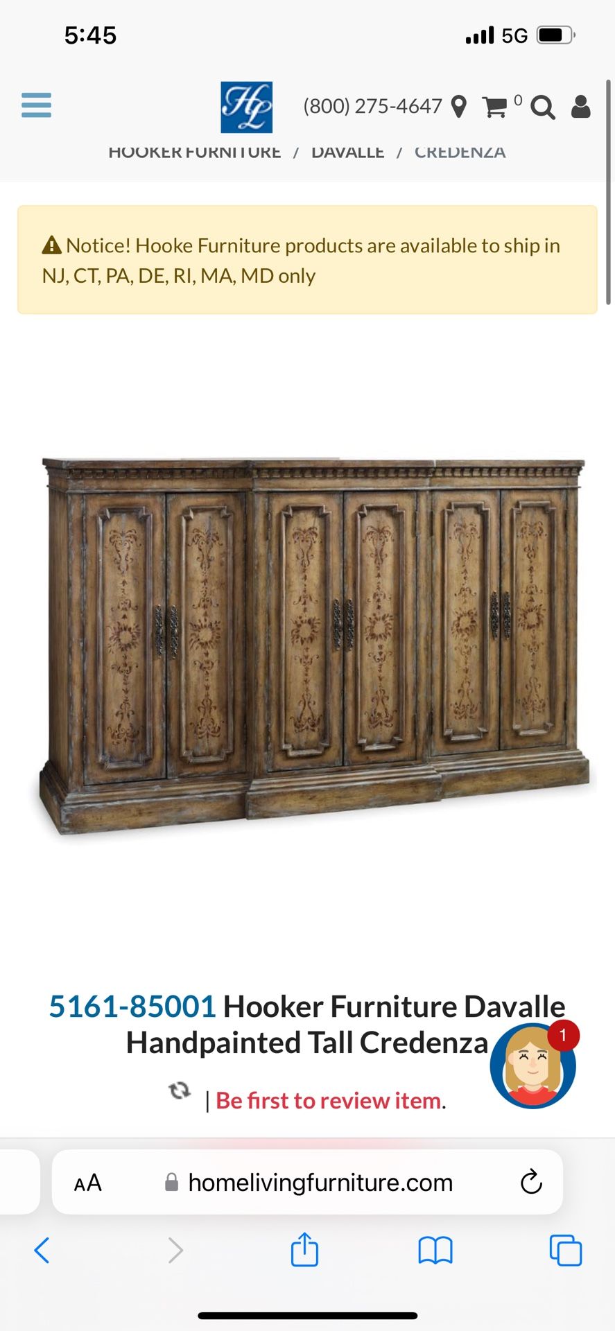 Hooker Furniture Davalle Handpainted Tall Credenza