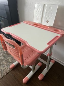 Pink Kids Study Desk With Chair, Adjustable To Grow With Your Child