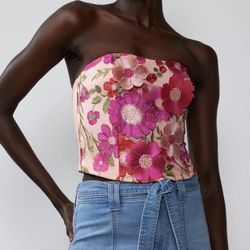  New York & Company Strapless Embroidered Corset Top Medium