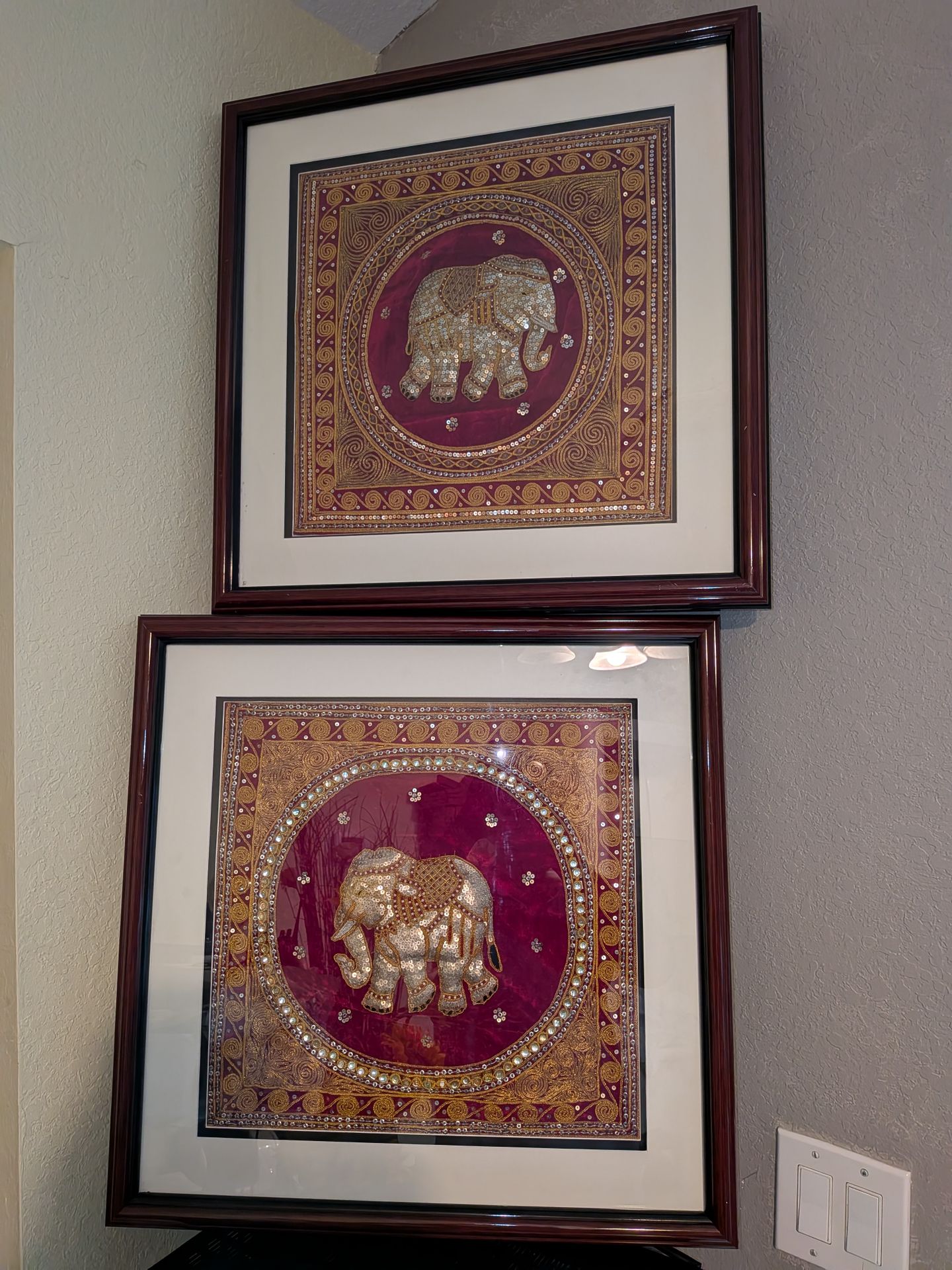 Two Tapestry Thai Burmese Embroidered Sequin 3D Elephant Art Work