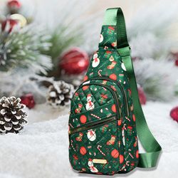 Christmas‑Themed Printed Quilted Sling Bag, Women Casual Crossbody Chest Bag, Lightweight Outdoor S