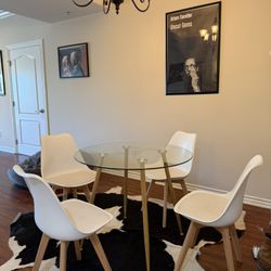 Crate & Barrel Modern Glass Dining Table + 4 White Chairs (Mid-Century Style) 
