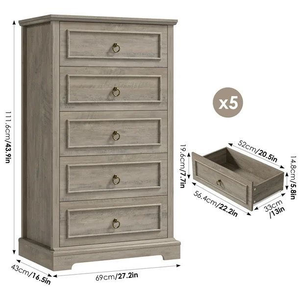 5 Drawer Tall Dresser, Chest of Drawers Storage Cabinet for Bedroom Living Room, Wash Gray