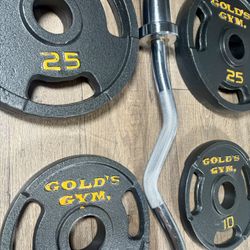 Beautiful BRAND NEW Curl Bar With Pair Gold’s Gym Weight Plates 25s, 10s, 5s And 2.5 Pounds. (Total:105 lbs)