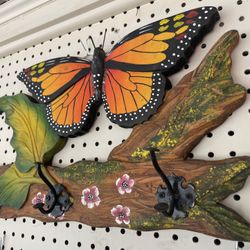 New Wood Carved Butterfly & Flowers Coat & Keys Hook hangers 22”W Artisan Mexico