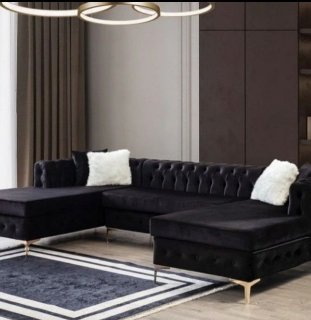 🖤 Perfeck Deal Lydia Velvet Black Double Chaise Sectional
