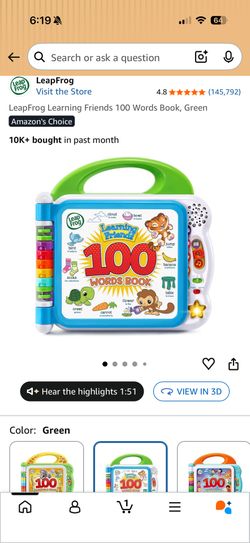LeapFrog Learning Friends 100 Words Book - Green - Like New