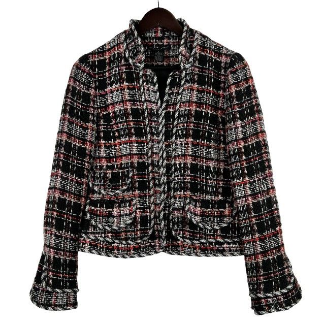 GRACE ELEMENTS black Red Pink Orange Woven Plaid Zip Front Blazer Jacket SZ 4