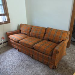 Vintage Retro Orange Blue Plaid Check Classique 3 Seat Sofa 36x80 Inches 