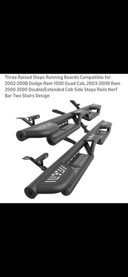 Three Raised Steps Running Boards Compatible for 2002-2008 Dodge Ram 1500 Quad Cab, 2003-2009 Ram 2 Double/Extended Cab Side Steps Rails Nerf 