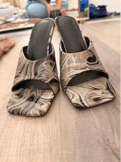 Grey white and black squared heels