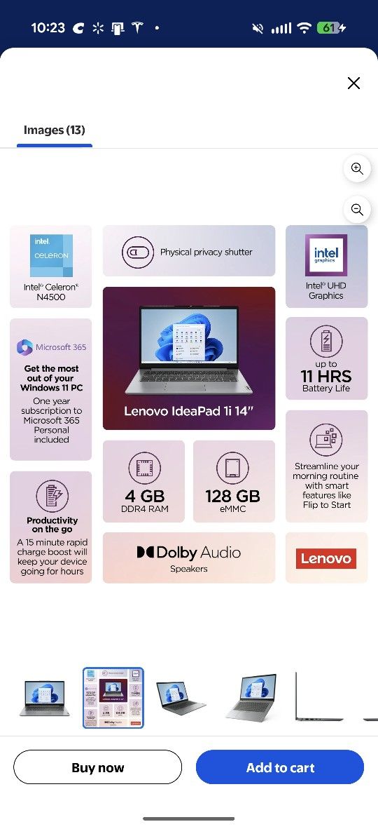 Lenovo ldeaPad 1i 14" Laptop. Intel Celeron N4500, 4GB,128GB eMMC